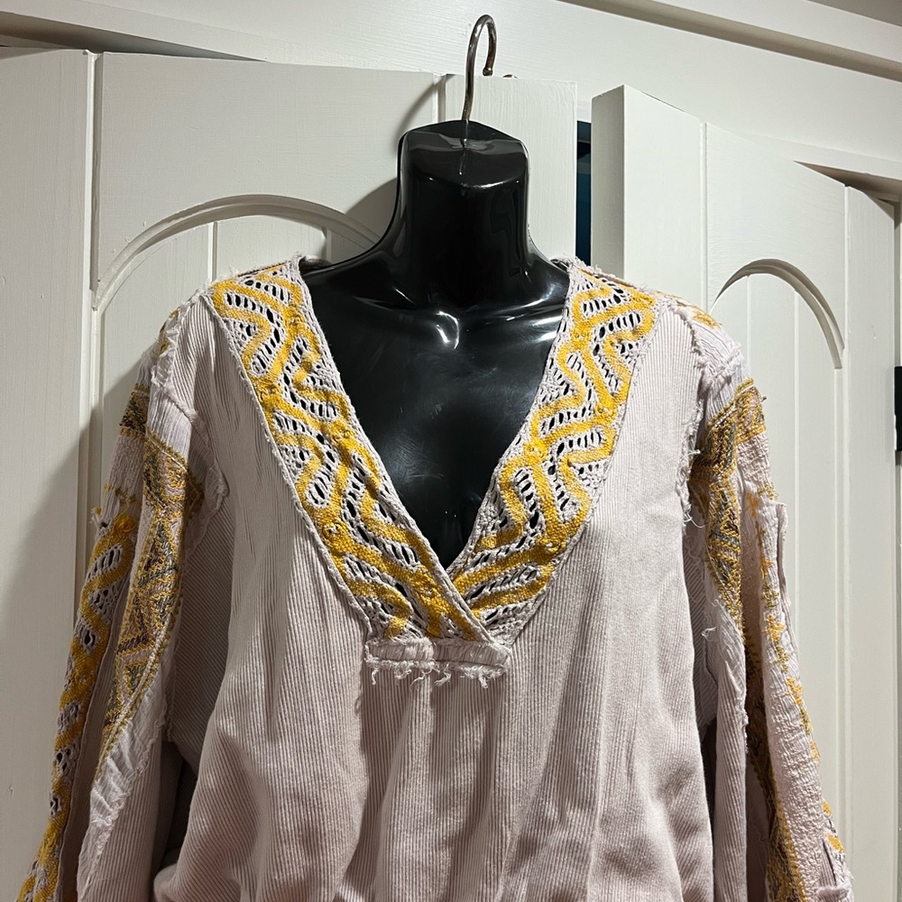 Free People Embroidered V-Neck Blouse - Cream and Yellow